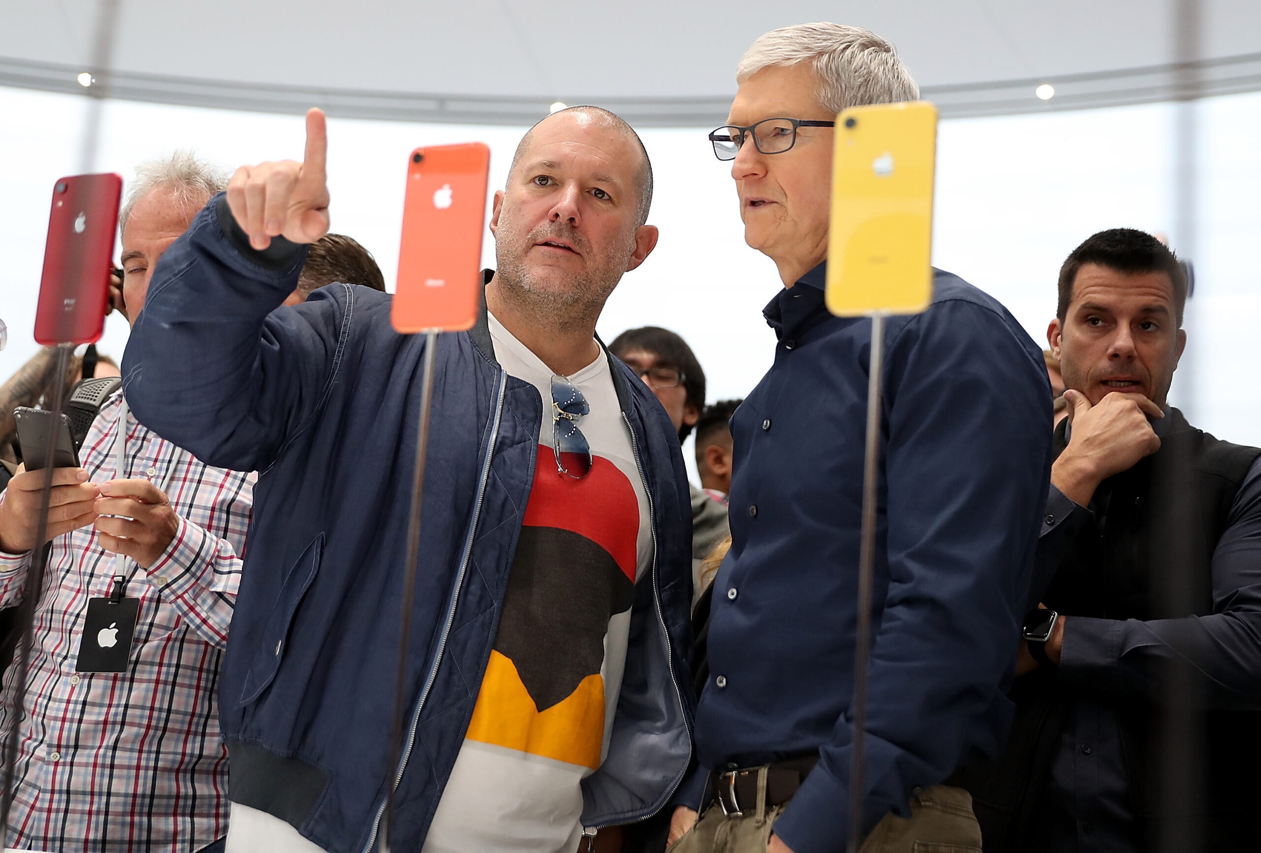 Together in 2018 but rivals now: concerns have resurfaced over the ability of Tim Cook, right, to keep Apple inventive. Meanwhile, former iPhone designer Sir Jony Ive is developing a new device